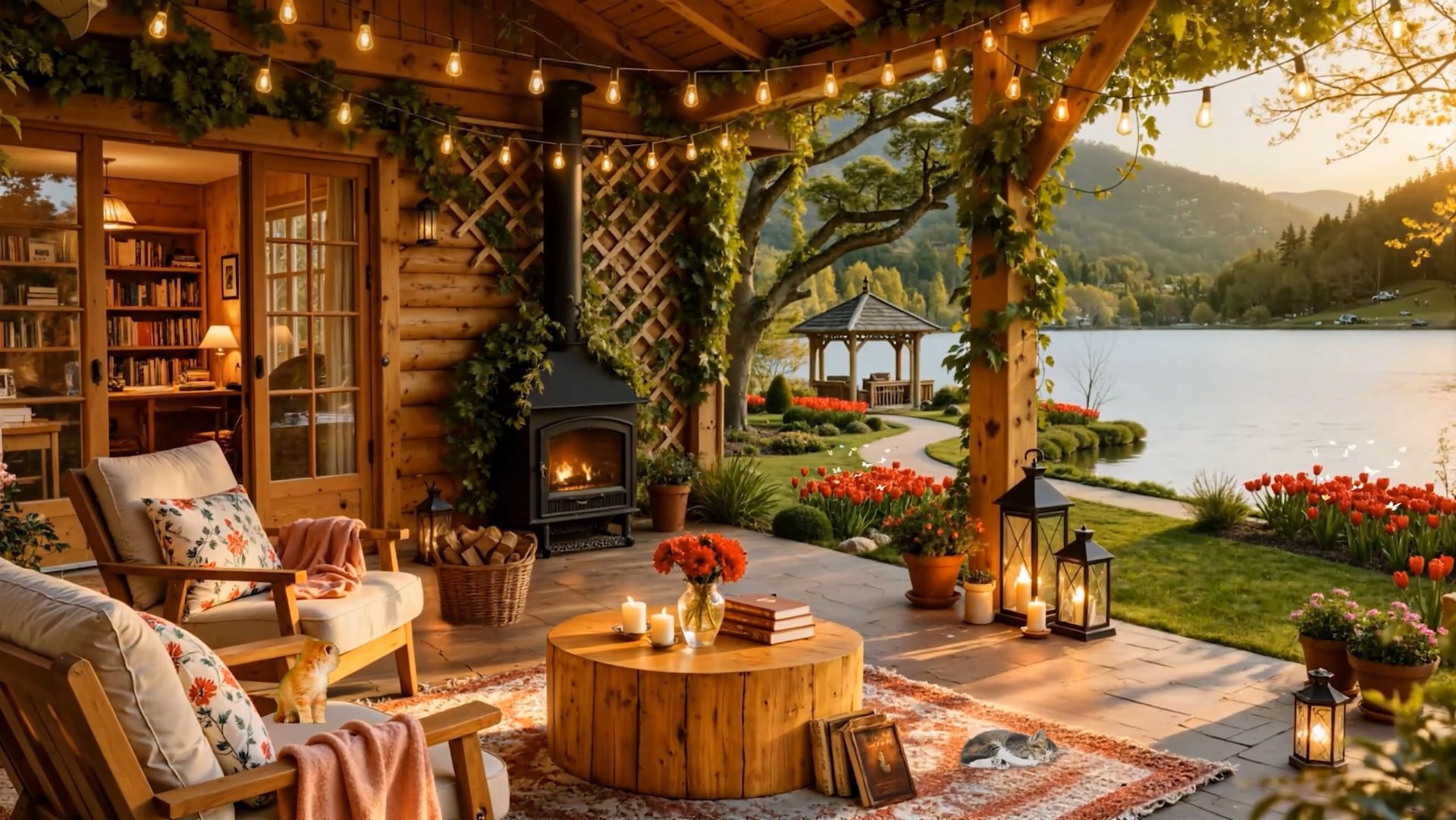 Терраса у озера с камином и джазом для отдыха на закате ✨🔥