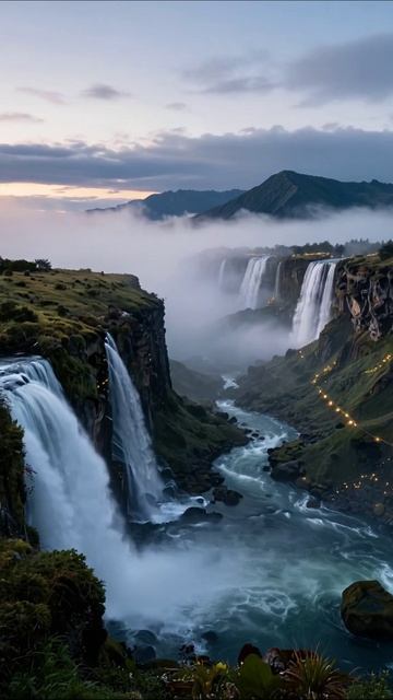 Водопады на рассвете: чудеса природы #природа #водопады #пейзаж