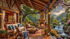 Веранда с камином и джазом у водопада для расслабления и отдыха 🌿🔥