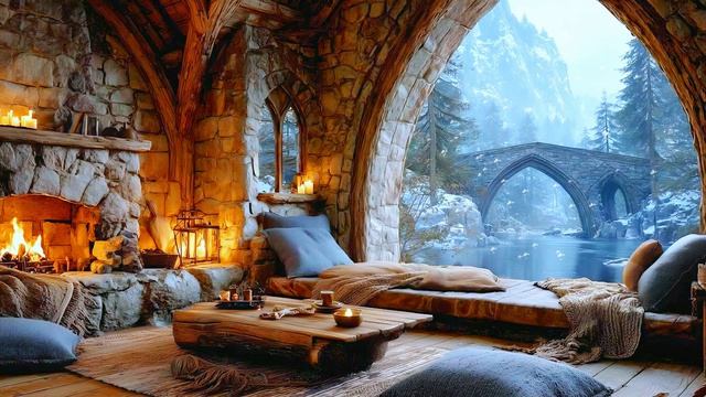 Medieval Stone Cabin Ambience  Cozy Fireplace  Mountain River  Fantasy Ambient Music