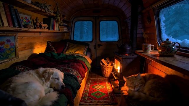 Я здесь спал ещё крепче… Уютная зимняя ночь в фургоне с камином, кошкой и собакой.