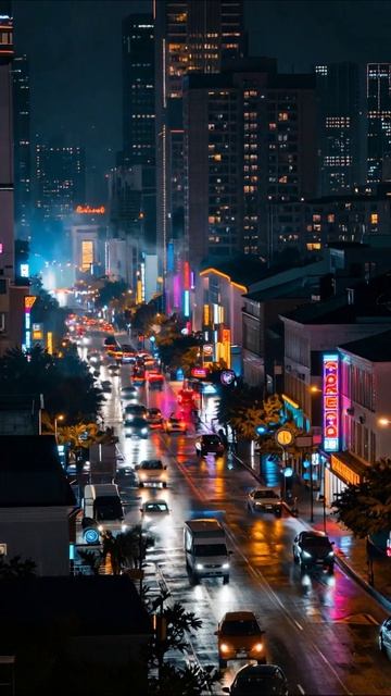Ночной город: огни, машины и дождь #город #ночь #пейзажи