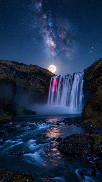 Водопад под луной: магия ночного неба #природа #водопад #ночное_небо