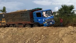Skill Driver Bulldozer Help Dump Truck Have Problem When Drive Back Unloading Soil