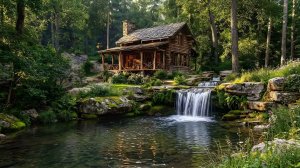 🏡 Спокойная атмосфера лесной хижины у водопада | Уют, тишина и звуки природы.