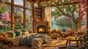 Спальня у озера с камином и джазом для сна и отдыха 🌙🔥