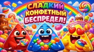 Радужное конфетное безумие! разноцветные треугольники едят волшебные конфеты в конфетном городе!
