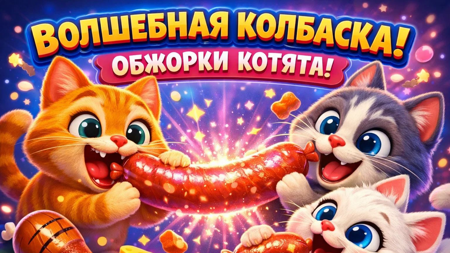 Очаровательные котята Безумно жуют Волшебную сосиску! Веселый приключенческий мультфильм для детей!