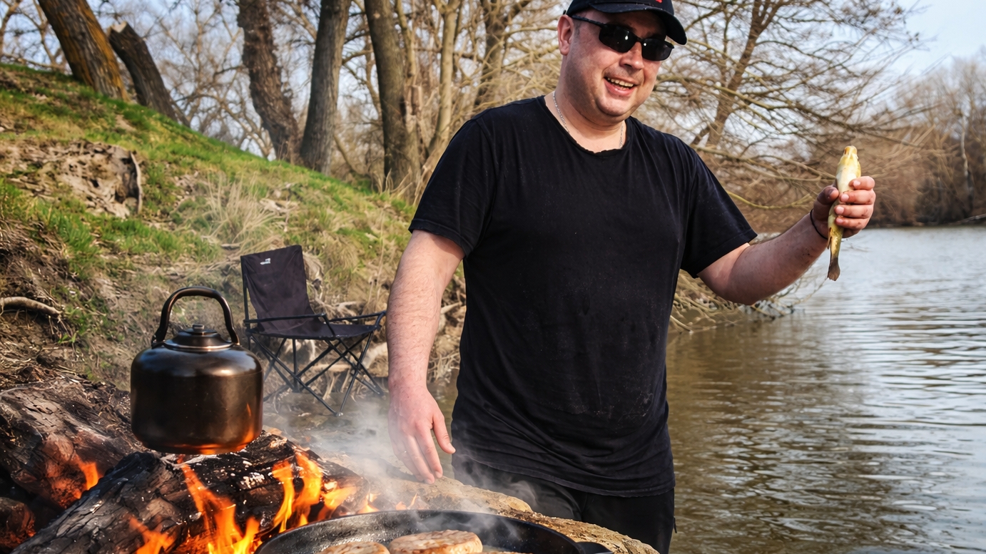 Один на реке. Поймал карасей, жарю котлеты и просто живу