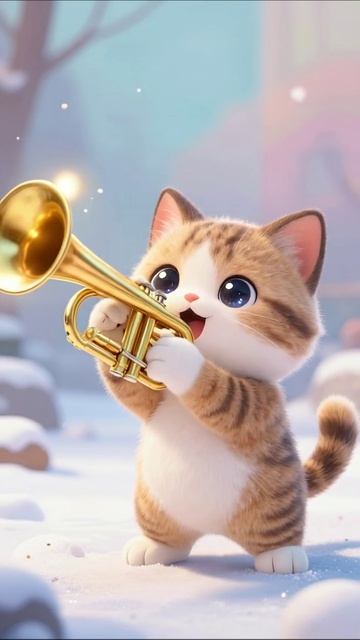 Кошка играет на трубе в зимнем лесу #кот #музыка #зима