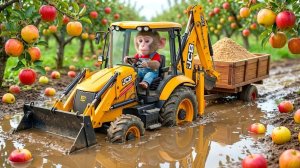 ОБЕЗЬЯНКА, ЭКСКАВАТОР JCB и неожиданный РЕМОНТ дороги после сильного дождя. Мультики для детей