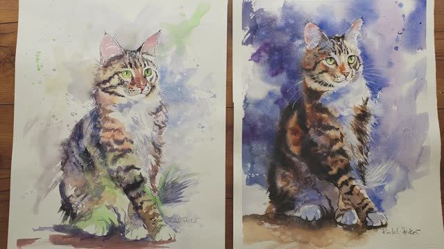 Мастер-класс по акварельной живописи  — кошка породы мейн-кун — мои техники