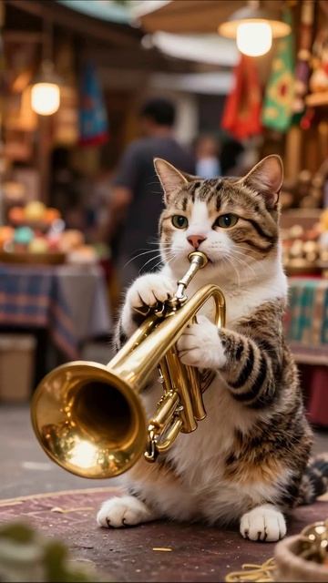 Музыкальный кот: труба на рынке! #кот #музыка #видео