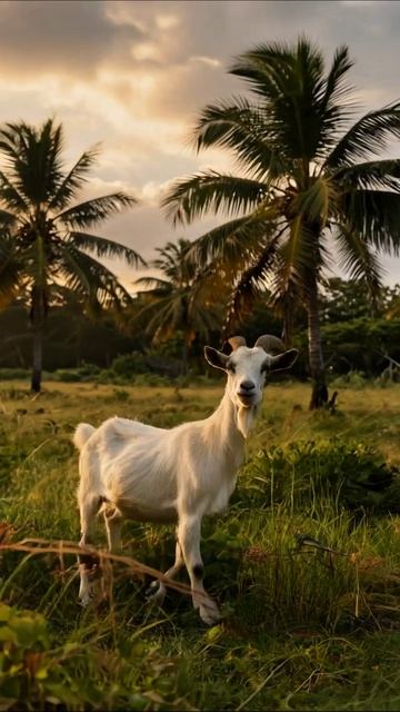 Очаровательная коза на фоне пальмового леса #коза #пейзаж #природа