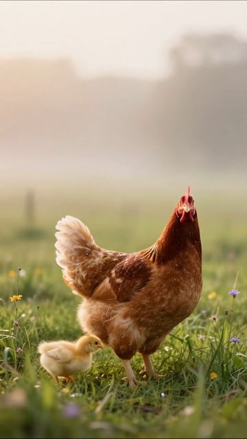 Курица с цыпленком на утреннем лугу #птицы #ферма #природа