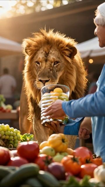 Лев на рынке свежих овощей #лев #животные #природа