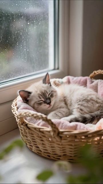 Милый котенок спит у окна в дождливый день #котенок #домашниеживотные #миркотов