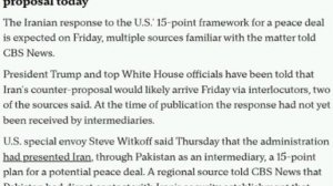 ‼️🇺🇸🇮🇷США ожидают сегодня официальный ответ Ирана на предложенный план прекращения огня, - CBS N