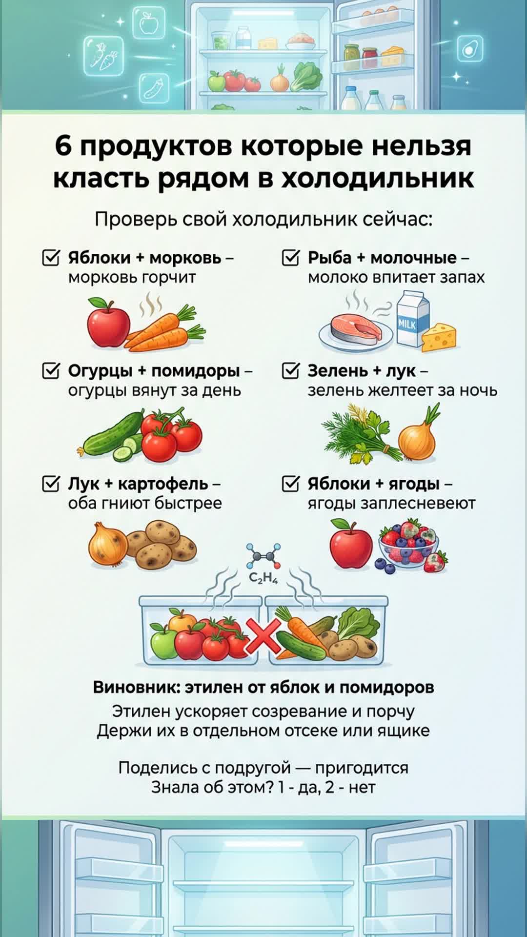 6 продуктов которые нельзя класть рядом в холодильник
