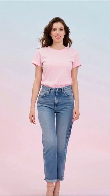 Модный образ: повседневный стиль с розовой футболкой и джинсами #мода #стиль #красота