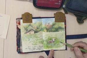 Деревенский пейзаж цветными карандашами