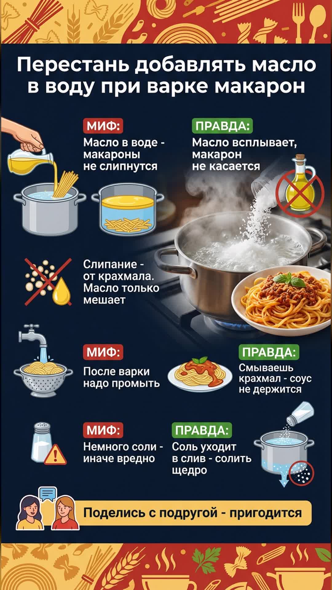 Перестань добавлять масло в воду при варке макарон