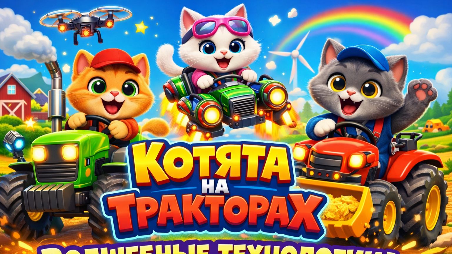Милые котята верхом на тракторах: Волшебное техническое приключение c машинами для детей!