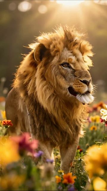 Царь джунглей: лев среди цветов #лев #природа #животные