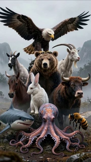 Дикая природа: встреча зверей и морских существ #животные #природа #фантазия