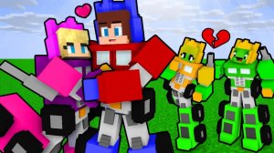 Джей Джей Трансформер окружен девушками, в которых влюблен Майки Бананакид. Майнкрафт Мультик