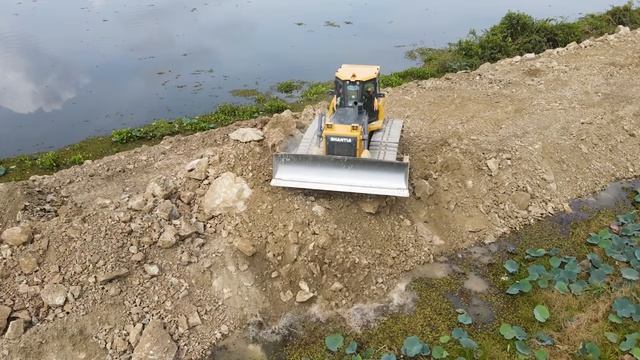Wow! Greatest Road Construction Heavy Equipment Operator Bulldozer Pushing Stone Into Water
