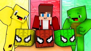 Джей Джей Красный Человек-паук против Майки Зеленого против Бананакида Желтого. Майнкрафт Мультик