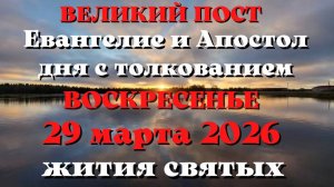 Евангелие дня 29 МАРТА 2026 с толкованием.  Апостол дня.  Жития Святых.
