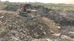 Hard Work!! Bulldozer Push Stone Fill The Road With Dump Truck Dumping Stones