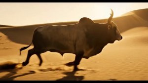 the bull exits frame and re-enters seamlessly, no cuts, continuous motion"