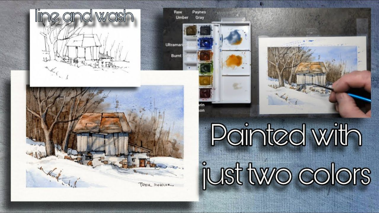 Winter barn watercolor, Just 2 colors, Great for beginners. Peter Sheeler, sheelerart