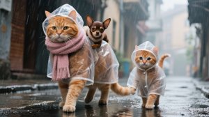 Трогательно! Бездомного щенка спасли рыжий кот-папа и котёнок в дождливый день