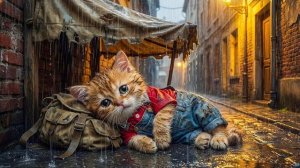 Мама-кошка прождала всю ночь в слезах И наконец нашла Своего Рыжего котенка, потерявшегосяподдождем