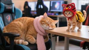 Слишком мило! Большой рыжий кот работает в интернет-кафе — а котёнок в шапочке-тигре находит его