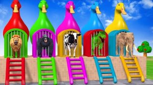 Игра с длинными горками с участием коровы, Слона, Гориллы, Бегемота, Тигра - 3d игра с животными