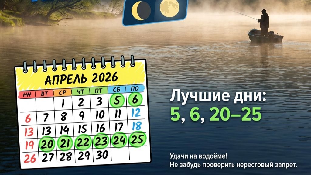 Календарь рыбака на Апрель 2026 Лунный календарь рыбака