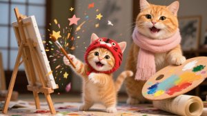 Первая попытка котёнка в тигровой шапочке в художественной студии — от каракулей до похвалы учителя