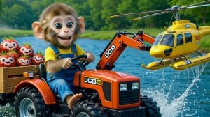 Обезьянка Сиси управляет трактором-экскаватором JCB, чтобы спасти вертолет из реки