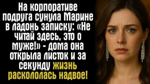 На корпоративе подруга сунула Марине в ладонь записку： «Не читай здесь, это о муже!» — дома она..