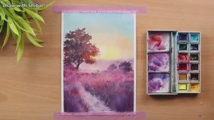 Акварельный пейзаж: поле цветов на закате — шаг за шагом. Мастер-класс по рисованию акварелью