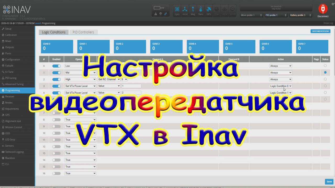 Настройка передатчика FPV в конфигураторе Inav