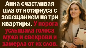 Анна счастливая шла от нотариуса с завещанием на три квартиры. У порога услышала голоса мужа...