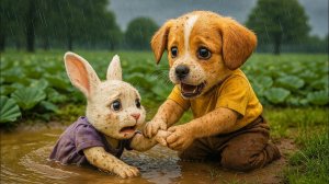 Щенок рискует жизнью, чтобы спасти крошечного котёнка из бушующей реки 🐱🌧️