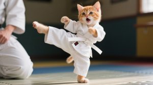 Умиление! Первая попытка котёнка в тигровой шапочке заняться карате