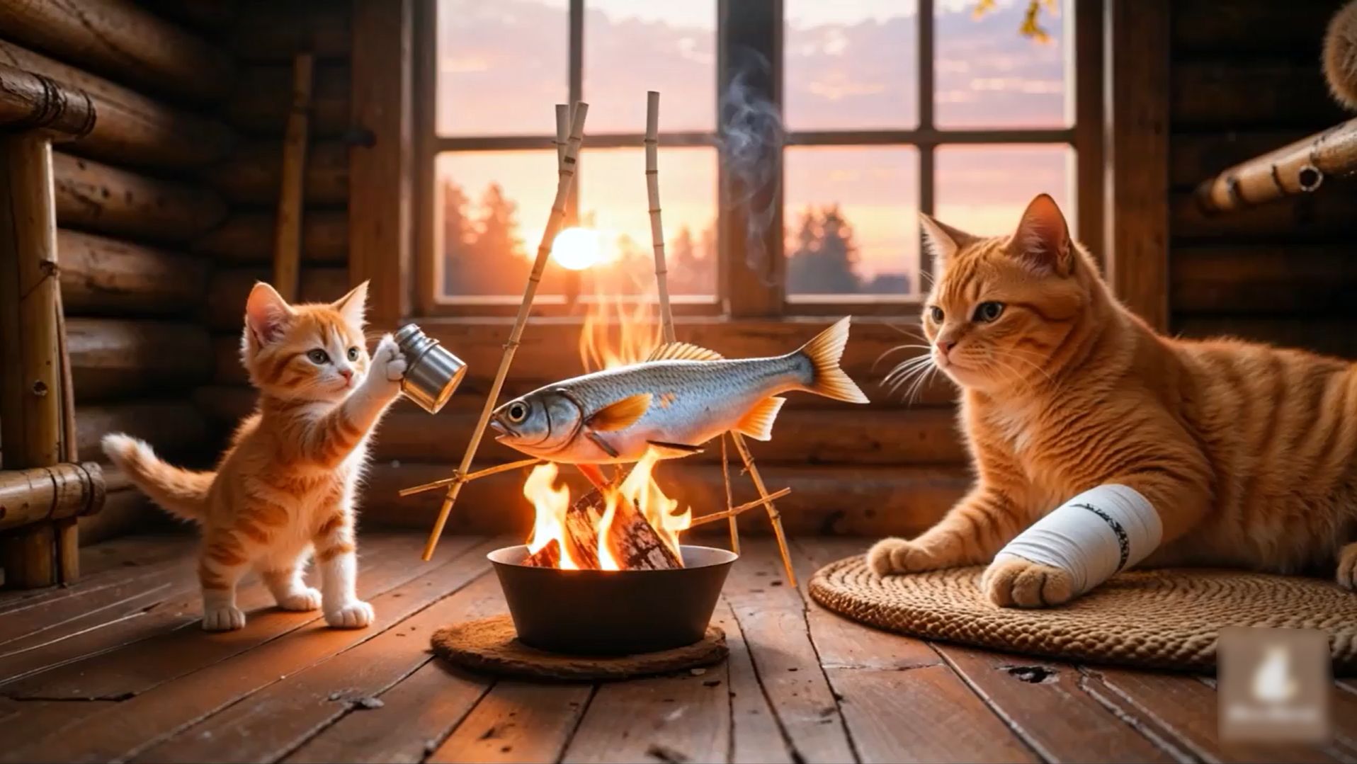 😹Маленький котёночек жарит вкусную и сочную рыбку для своей мамы кошечки🔥